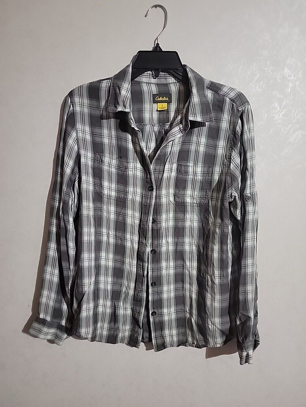 Cabela's Womens Western Lightweight Flannel Pockets Green Grey Button Down sz L